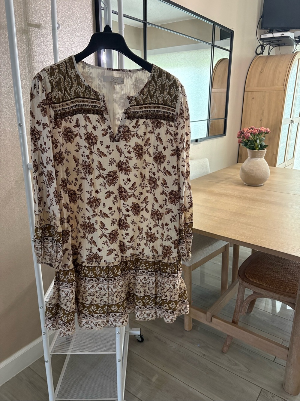 LOFT Cream Dress with Brown & Olive Floral Print